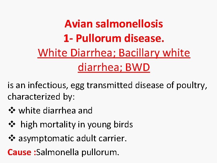 Avian salmonellosis 1 - Pullorum disease. White Diarrhea; Bacillary white diarrhea; BWD is an