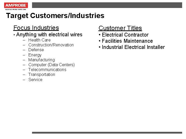 Target Customers/Industries Focus Industries Customer Titles • Anything with electrical wires • Electrical Contractor