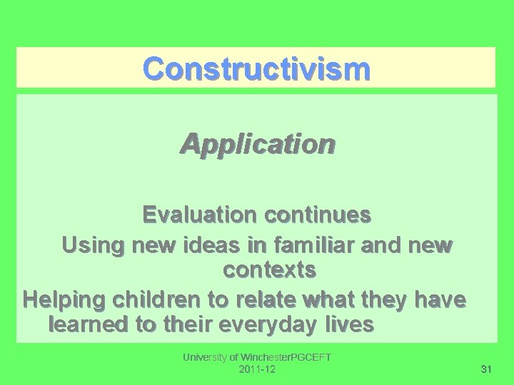 Constructivism Application Evaluation continues Using new ideas in familiar and new contexts Helping children