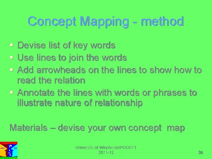 Concept Mapping - method § § § Devise list of key words Use lines