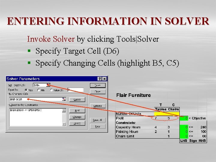 ENTERING INFORMATION IN SOLVER Invoke Solver by clicking Tools|Solver § Specify Target Cell (D