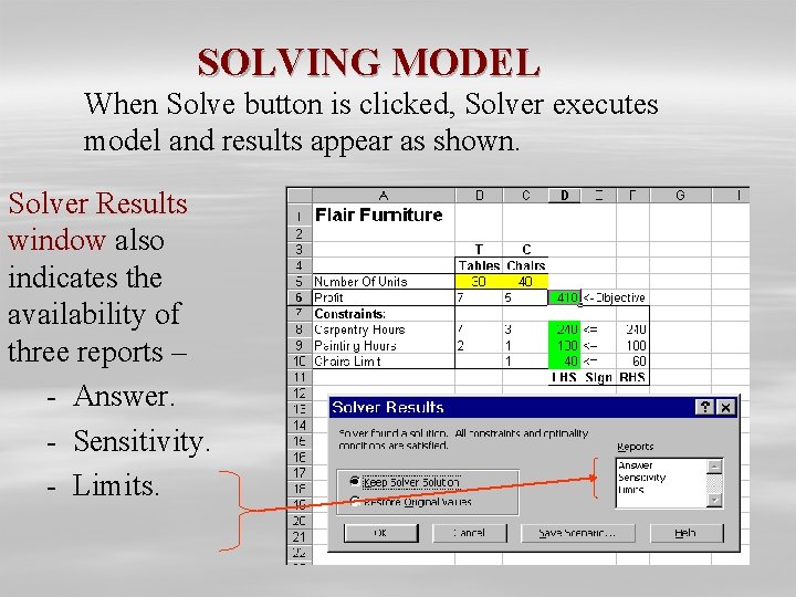 SOLVING MODEL When Solve button is clicked, Solver executes model and results appear as