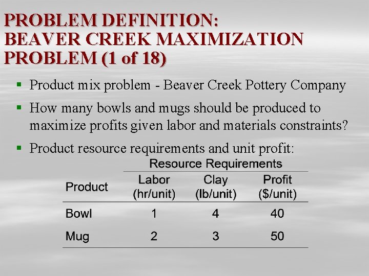 PROBLEM DEFINITION: BEAVER CREEK MAXIMIZATION PROBLEM (1 of 18) § Product mix problem -