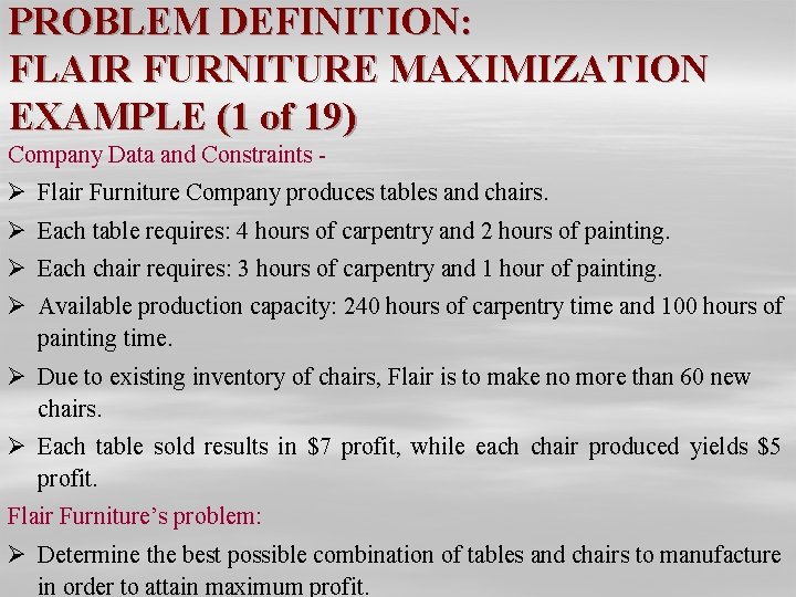 PROBLEM DEFINITION: FLAIR FURNITURE MAXIMIZATION EXAMPLE (1 of 19) Company Data and Constraints -