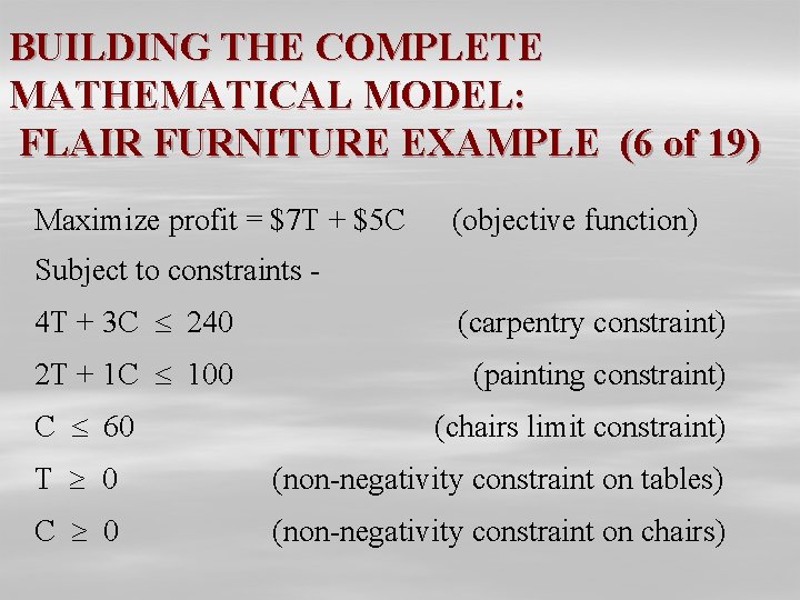 BUILDING THE COMPLETE MATHEMATICAL MODEL: FLAIR FURNITURE EXAMPLE (6 of 19) Maximize profit =