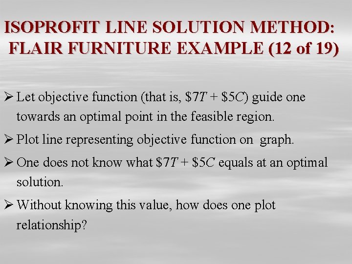 ISOPROFIT LINE SOLUTION METHOD: FLAIR FURNITURE EXAMPLE (12 of 19) Ø Let objective function