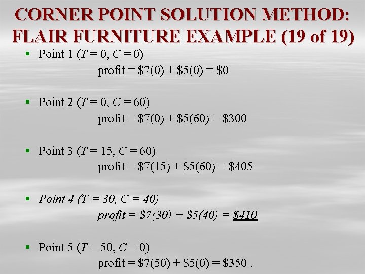 CORNER POINT SOLUTION METHOD: FLAIR FURNITURE EXAMPLE (19 of 19) § Point 1 (T