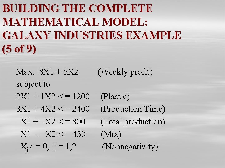 BUILDING THE COMPLETE MATHEMATICAL MODEL: GALAXY INDUSTRIES EXAMPLE (5 of 9) Max. 8 X