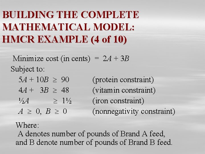 BUILDING THE COMPLETE MATHEMATICAL MODEL: HMCR EXAMPLE (4 of 10) Minimize cost (in cents)