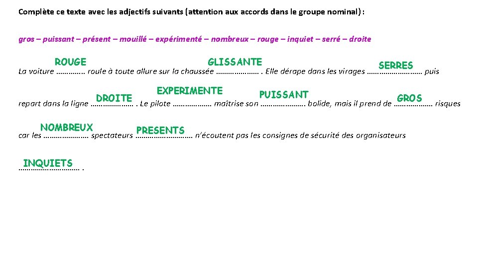 Complète ce texte avec les adjectifs suivants (attention aux accords dans le groupe nominal)