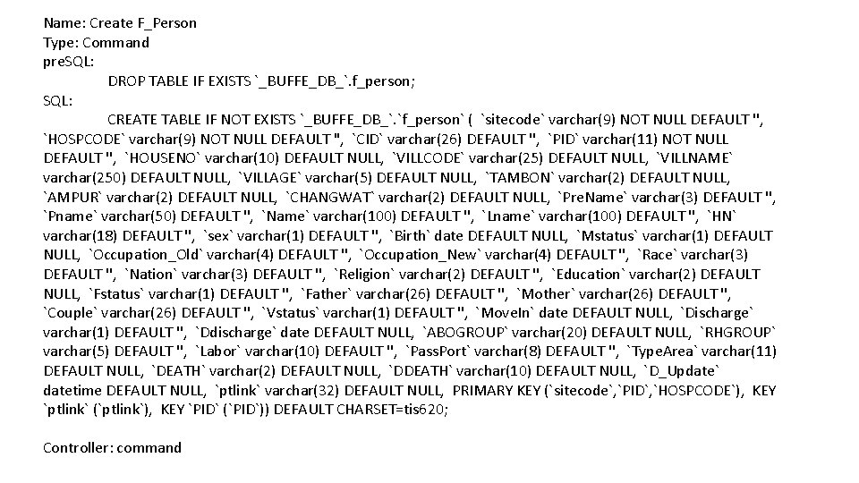 Name: Create F_Person Type: Command pre. SQL: DROP TABLE IF EXISTS `_BUFFE_DB_`. f_person; SQL: Name: Create F_Person Type: Command pre. SQL: DROP TABLE IF EXISTS `_BUFFE_DB_`. f_person; SQL: