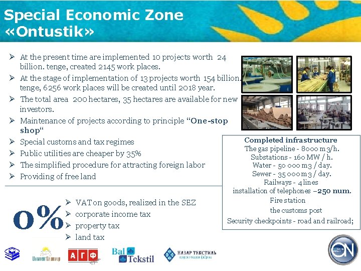 Special Economic Zone «Ontustik» Ø At the present time are implemented 10 projects worth