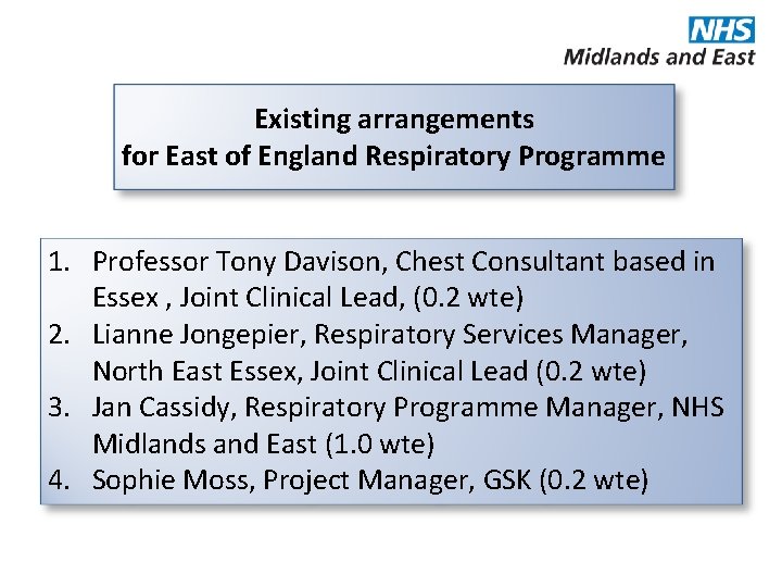 Existing arrangements for East of England Respiratory Programme 1. Professor Tony Davison, Chest Consultant Existing arrangements for East of England Respiratory Programme 1. Professor Tony Davison, Chest Consultant