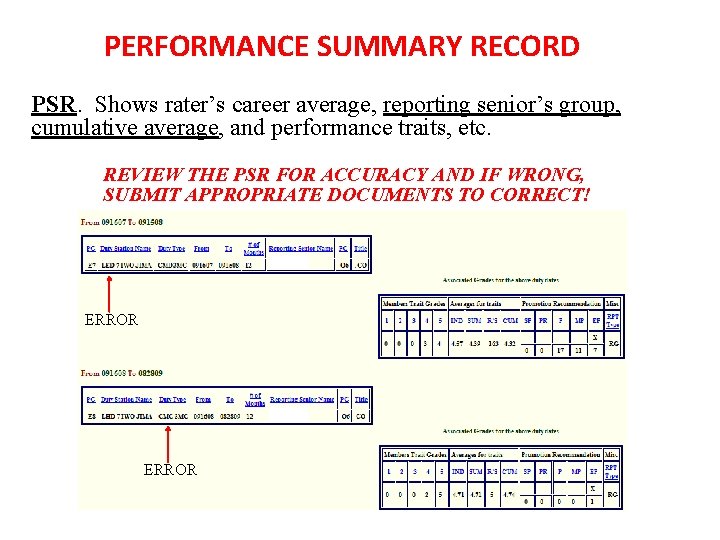 PERFORMANCE SUMMARY RECORD PSR. Shows rater’s career average, reporting senior’s group, cumulative average, and PERFORMANCE SUMMARY RECORD PSR. Shows rater’s career average, reporting senior’s group, cumulative average, and