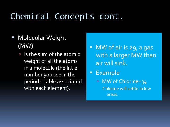 Chemical Concepts cont. Molecular Weight (MW) Is the sum of the atomic weight of