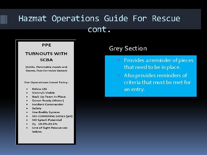 Hazmat Operations Guide For Rescue cont. Grey Section Provides a reminder of pieces that