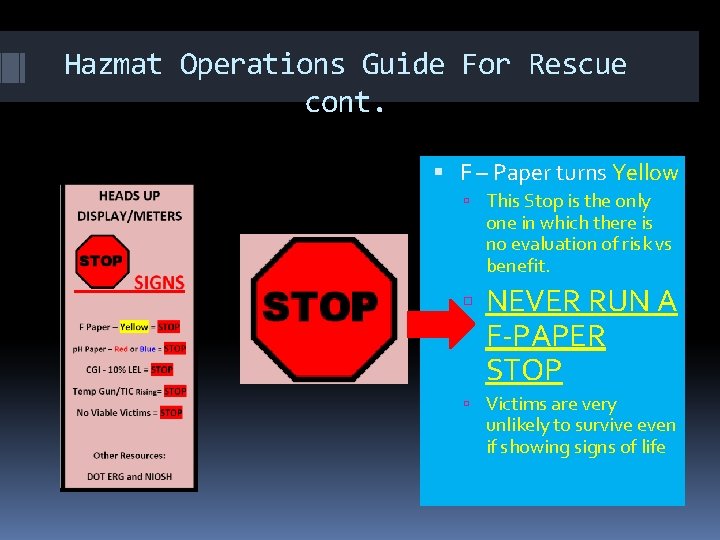 Hazmat Operations Guide For Rescue cont. F – Paper turns Yellow This Stop is