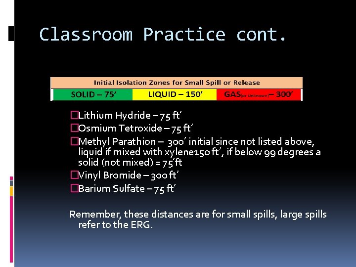 Classroom Practice cont. �Lithium Hydride – 75 ft’ �Osmium Tetroxide – 75 ft’ �Methyl