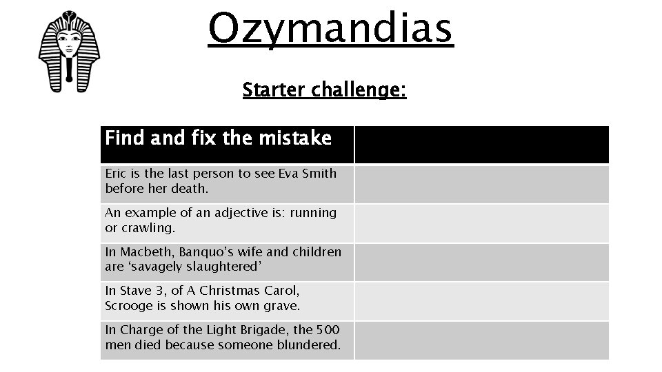 Ozymandias Starter challenge: Find and fix the mistake Eric is the last person to