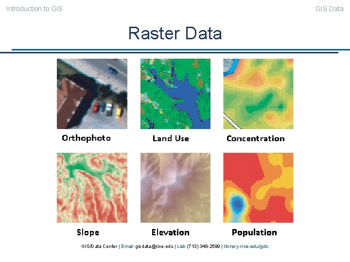 Introduction to GIS Data Raster Data GIS/Data Center | Email gisdata@rice. edu | Lab
