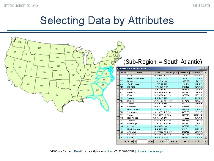 Introduction to GIS Data Selecting Data by Attributes (Sub-Region = South Atlantic) GIS/Data Center