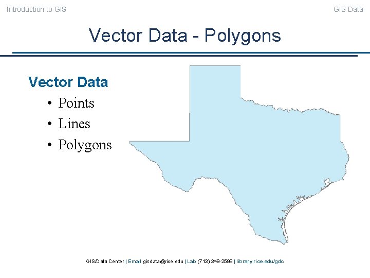 Introduction to GIS Data Vector Data - Polygons Vector Data • Points • Lines