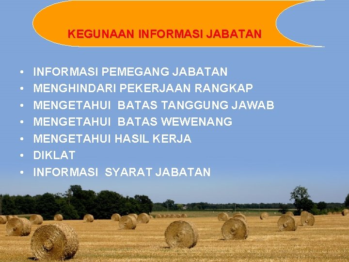 KEGUNAAN INFORMASI JABATAN • • INFORMASI PEMEGANG JABATAN MENGHINDARI PEKERJAAN RANGKAP MENGETAHUI BATAS TANGGUNG KEGUNAAN INFORMASI JABATAN • • INFORMASI PEMEGANG JABATAN MENGHINDARI PEKERJAAN RANGKAP MENGETAHUI BATAS TANGGUNG