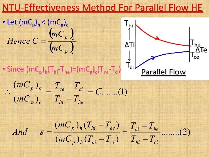 NTU-Effectiveness Method For Parallel Flow HE • Let (m. Cp)h < (m. Cp)c • NTU-Effectiveness Method For Parallel Flow HE • Let (m. Cp)h < (m. Cp)c •