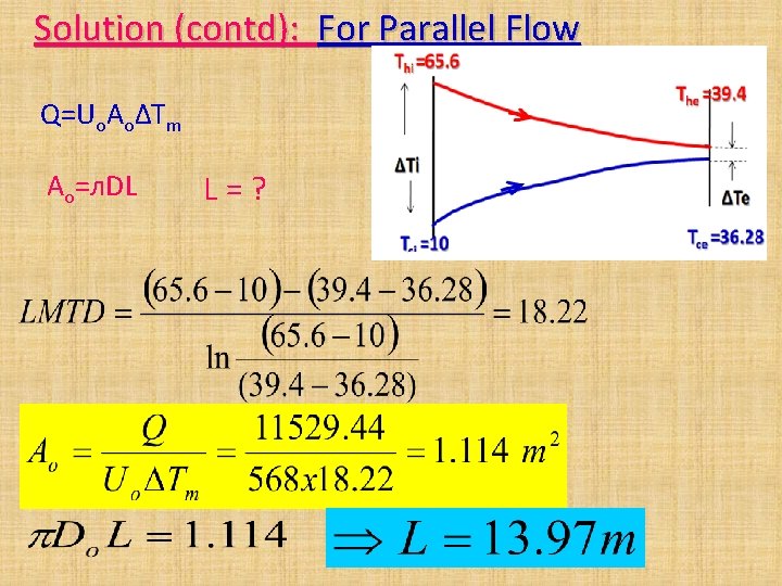 Solution (contd): For Parallel Flow Q=Uo. AoΔTm Ao=л. DL L=? Solution (contd): For Parallel Flow Q=Uo. AoΔTm Ao=л. DL L=?