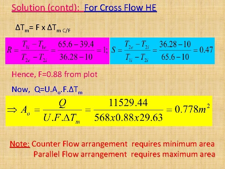 Solution (contd): For Cross Flow HE ΔTm= F x ΔTm C/F Hence, F=0. 88 Solution (contd): For Cross Flow HE ΔTm= F x ΔTm C/F Hence, F=0. 88