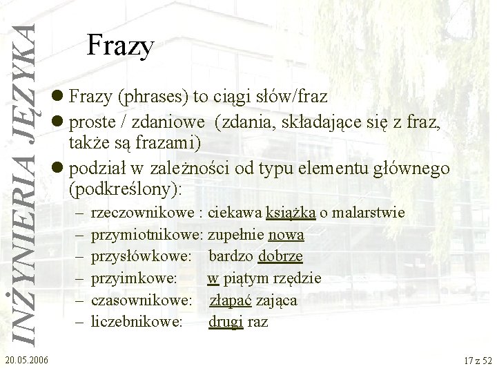 INŻYNIERIA JĘZYKA 20. 05. 2006 Frazy l Frazy (phrases) to ciągi słów/fraz l proste