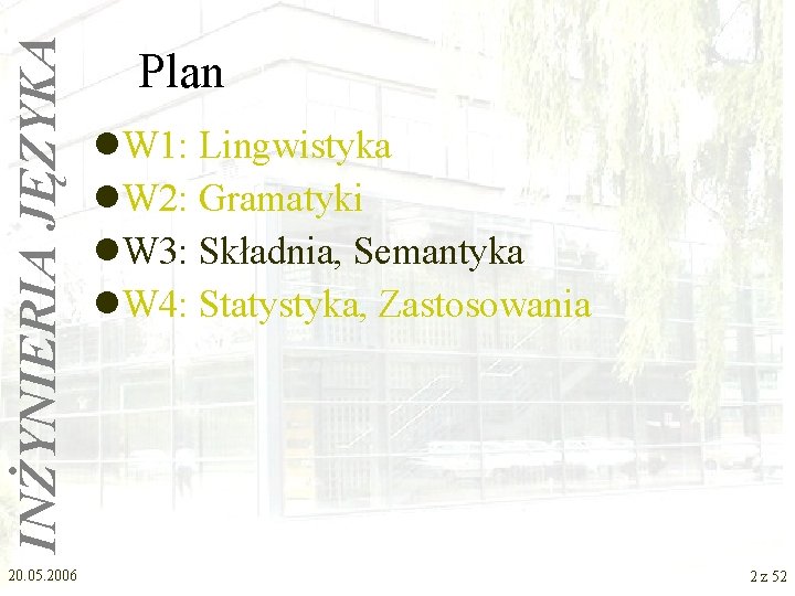 INŻYNIERIA JĘZYKA 20. 05. 2006 Plan l. W 1: Lingwistyka l. W 2: Gramatyki