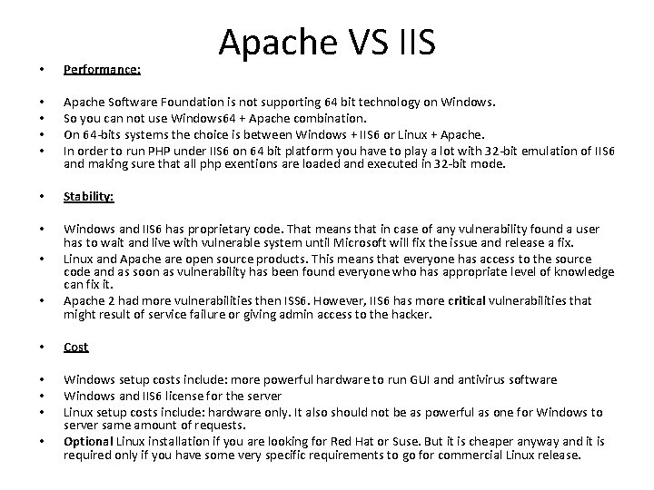 Apache VS IIS • Performance: • • Apache Software Foundation is not supporting 64