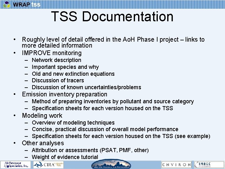 TSS Documentation • Roughly level of detail offered in the Ao. H Phase I