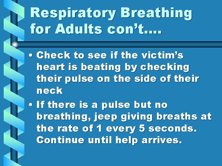 Respiratory Breathing for Adults con’t…. • Check to see if the victim’s heart is