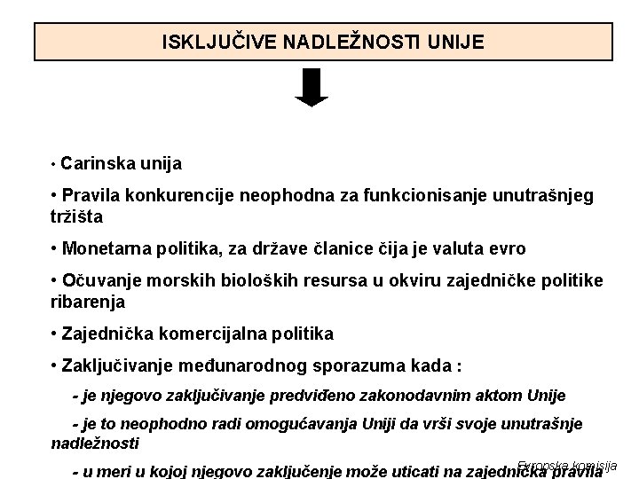 ISKLJUČIVE NADLEŽNOSTI UNIJE • Carinska unija • Pravila konkurencije neophodna za funkcionisanje unutrašnjeg tržišta