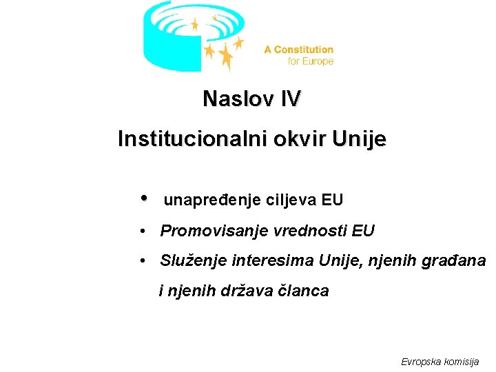 Naslov IV Institucionalni okvir Unije • unapređenje ciljeva EU • Promovisanje vrednosti EU •