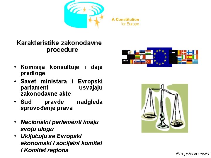 Karakteristike zakonodavne procedure • Komisija konsultuje i daje predloge • Savet ministara i Evropski