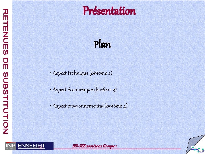  Présentation Plan • Aspect technique (binôme 2) • Aspect économique (binôme 3) •