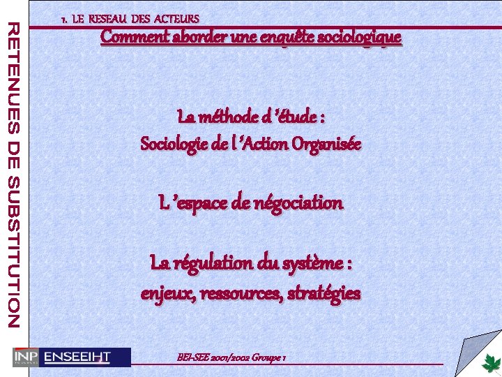 1. LE RESEAU DES ACTEURS Comment aborder une enquête sociologique La méthode d ’étude