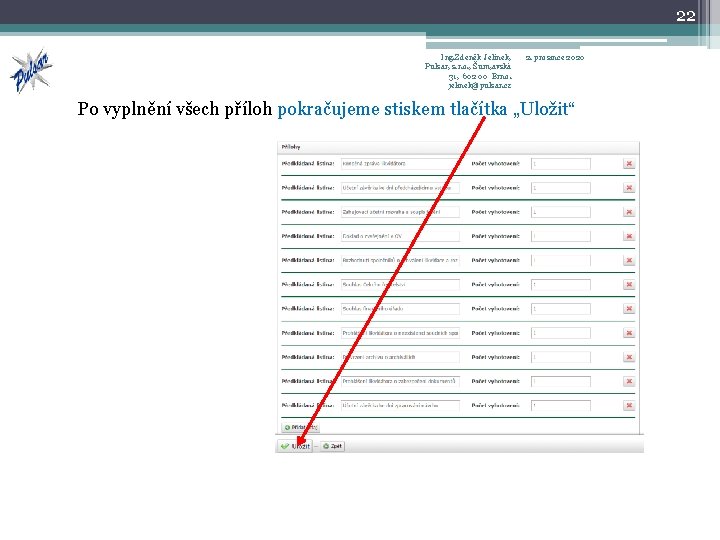 22 Ing. Zdeněk Jelínek, Pulsar, s. r. o. , Šum, avská 31, 602 00