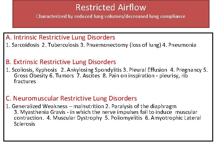 Restricted Airflow Characterized by reduced lung volumes/decreased lung compliance A. Intrinsic Restrictive Lung Disorders Restricted Airflow Characterized by reduced lung volumes/decreased lung compliance A. Intrinsic Restrictive Lung Disorders