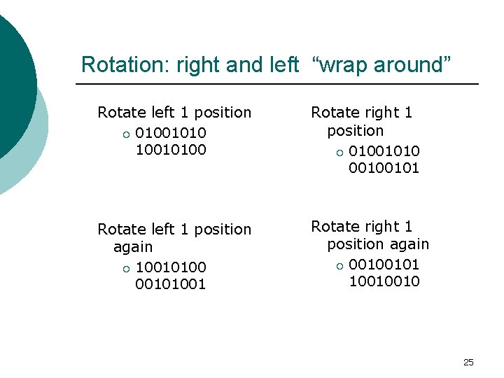 Rotation: right and left “wrap around” Rotate left 1 position ¡ 010010100 Rotate right Rotation: right and left “wrap around” Rotate left 1 position ¡ 010010100 Rotate right