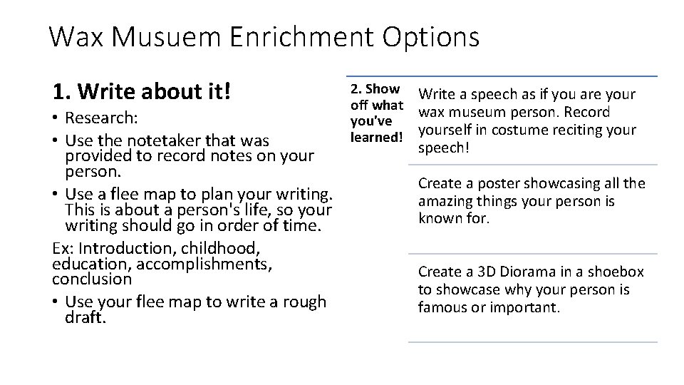Wax Musuem Enrichment Options 1. Write about it! • Research: • Use the notetaker Wax Musuem Enrichment Options 1. Write about it! • Research: • Use the notetaker