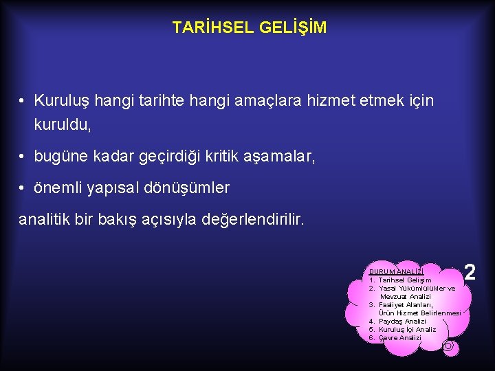 TARİHSEL GELİŞİM • Kuruluş hangi tarihte hangi amaçlara hizmet etmek için kuruldu, • bugüne