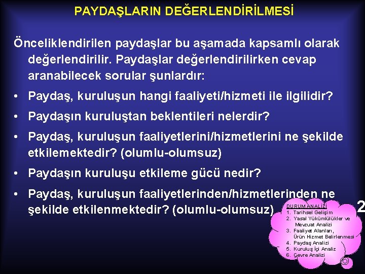 PAYDAŞLARIN DEĞERLENDİRİLMESİ Önceliklendirilen paydaşlar bu aşamada kapsamlı olarak değerlendirilir. Paydaşlar değerlendirilirken cevap aranabilecek sorular