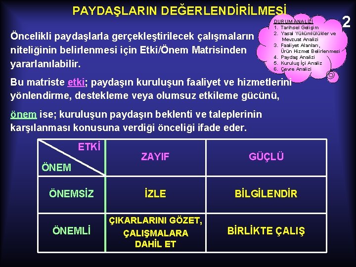 PAYDAŞLARIN DEĞERLENDİRİLMESİ Öncelikli paydaşlarla gerçekleştirilecek çalışmaların niteliğinin belirlenmesi için Etki/Önem Matrisinden yararlanılabilir. DURUM ANALİZİ