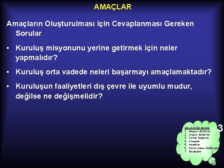 AMAÇLAR Amaçların Oluşturulması için Cevaplanması Gereken Sorular • Kuruluş misyonunu yerine getirmek için neler