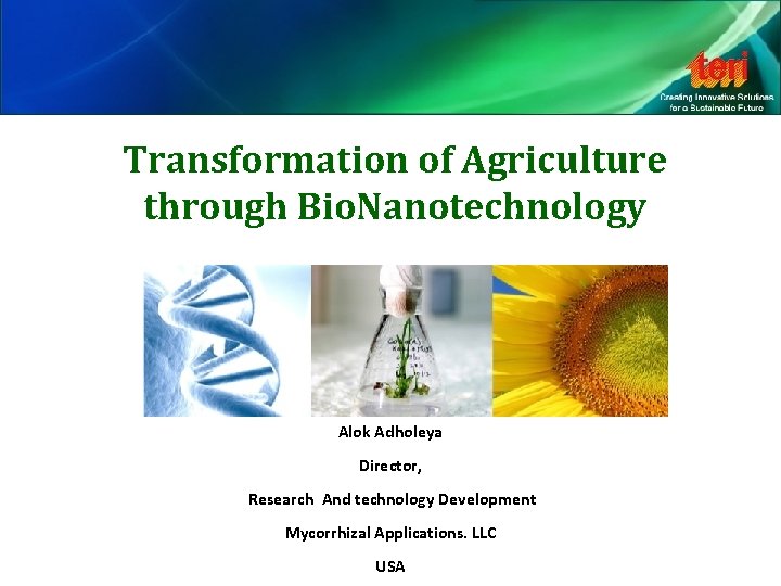Transformation of Agriculture through Bio. Nanotechnology Alok Adholeya Director, Research And technology Development Mycorrhizal