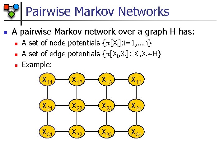 Pairwise Markov Networks n A pairwise Markov network over a graph H has: n